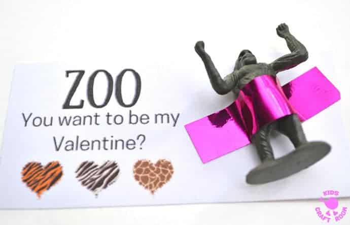 Zoo You Want to be My Valentine? Who could resist these Valentine favors? Printable Wild Animal Valentine Cards are so easy and sweet. Print the free cards and attach a mini animal for a Valentine gift everyone will love. A great Valentine idea for friends and loved ones big and small! #valentine #valentinesday #valentinesdaycrafts #valentinecraft #valentinescrafts #valentinecrafts #valentinesdayforkids #heartcrafts #valentinecards #freeprintables #printablecrafts #kidscrafts
