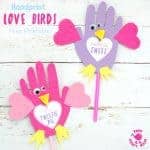 HANDPRINT LOVE BIRDS with Free Printable Template. Use them as puppets or greeting cards these Handprint Love Birds are the sweetest, or should I say tweetest little bird craft around and just perfect for Valentine's Day or Mother's Day. Too tweet for words! #handprintcrafts #valentine #valentines #valentinesday #valentinecrafts #valentinescrafts #birds #lovebirds #kidscrafts #valentinesforkids #kidscrafts101