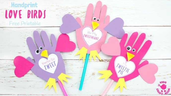 HANDPRINT LOVE BIRDS with Free Printable Template. Use them as puppets or greeting cards these Handprint Love Birds are the sweetest, or should I say tweetest little bird craft around and just perfect for Valentine's Day or Mother's Day. Too tweet for words! #handprintcrafts #valentine #valentines #valentinesday #valentinecrafts #valentinescrafts #birds #lovebirds #kidscrafts #valentinesforkids #kidscrafts101