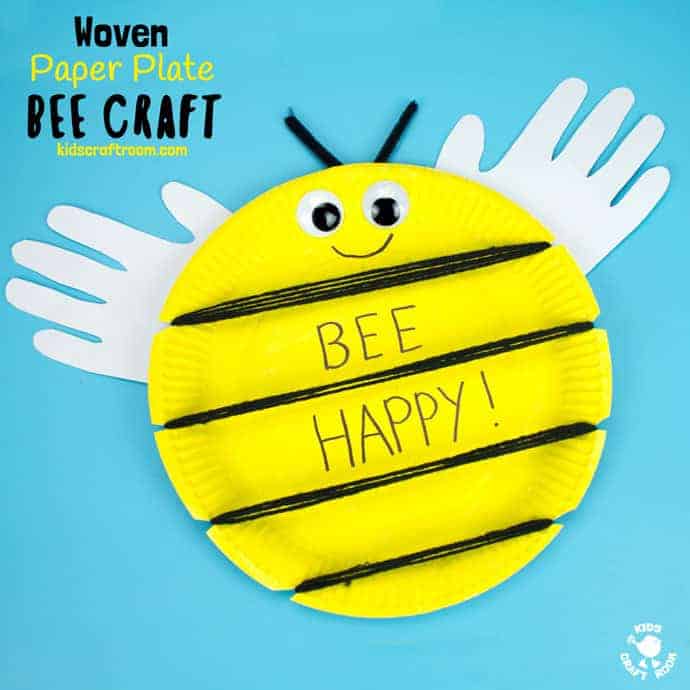 This Woven Paper Plate Bee Craft has cute handprint wings making it a gorgeous keepsake and because it's woven it's a great insect craft to build fine motor skills too. Its wide yellow stripes leave plenty of room to write personalised messages like "BEE MINE" for Valentine's Day or "BEE HAPPY" for a birthday! Such fun! #bee #beecrafts #paperplatecrafts #handprintcrafts #valentinesdaycrafts #valentinesforkids #valentinecrafts #insectcrafts #finemotorskills #kidscrafts101