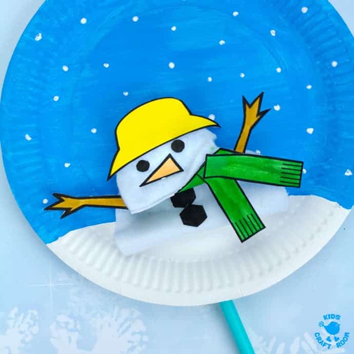 This Paper Plate Melting Snowman Craft tops the bill with adorability. If you've got kids that love to build a snowman then this is the Winter craft for them! Use our free printable template to make a snowman puppet that can melt to the ground and then pop back up ready to start the fun and games all over again! #snowman #snowmancrafts #paperplate #paperplatecrafts #kidscrafts #wintercrafts #puppets #puppetcrafts #kidscraftroom #craftsforkids #kidscrafts101 #kidscraftideas #wintercraftideas #preschoolcrafts #printables #printablecrafts #freeprintables
