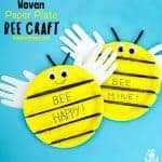 This Woven Paper Plate Bee Craft has cute handprint wings making it a gorgeous keepsake and because it's woven it's a great insect craft to build fine motor skills too. Its wide yellow stripes leave plenty of room to write personalised messages like "BEE MINE" for Valentine's Day or "BEE HAPPY" for a birthday! Such fun! #bee #beecrafts #paperplatecrafts #handprintcrafts #valentinesdaycrafts #valentinesforkids #valentinecrafts #insectcrafts #finemotorskills #kidscrafts101
