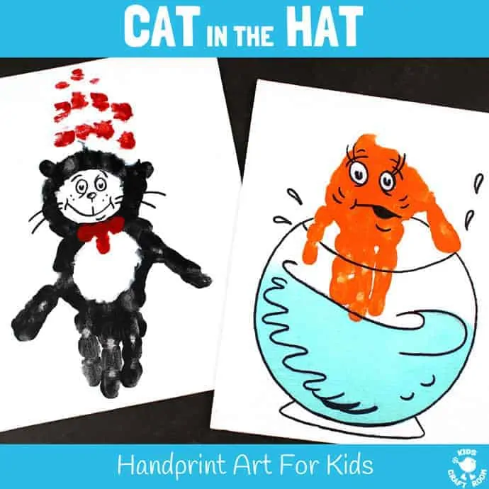 CAT IN THE HAT HANDPRINT CRAFTS - Are you a Cat In The Hat fan? These Dr Seuss handprint crafts are super fun! Print them on a canvas for the wall or add a popsicle stick to turn them into puppets! Great for World Book Day and Dr Seuss' birthday celebrations. #WorldBookDay #DrSeuss #CatInTheHat #KidsCrafts #handprintcrafts #handprintart #bookcrafts #kidsliterature #KidsArt #craftsforkids #thecatinthehat #kidsbooks #bookart #bookcrafts #kidscraftroom #handprint #painting