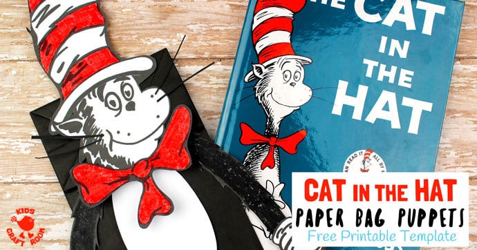 PAPER BAG CAT IN THE HAT PUPPETS look amazing and are super simple to make with our free printable. It's a great craft to go with story time and a fun way to encourage kids to retell familiar and made up tales. If you've got a little Dr Seuss fan then this Cat In The Hat craft is not to be missed!