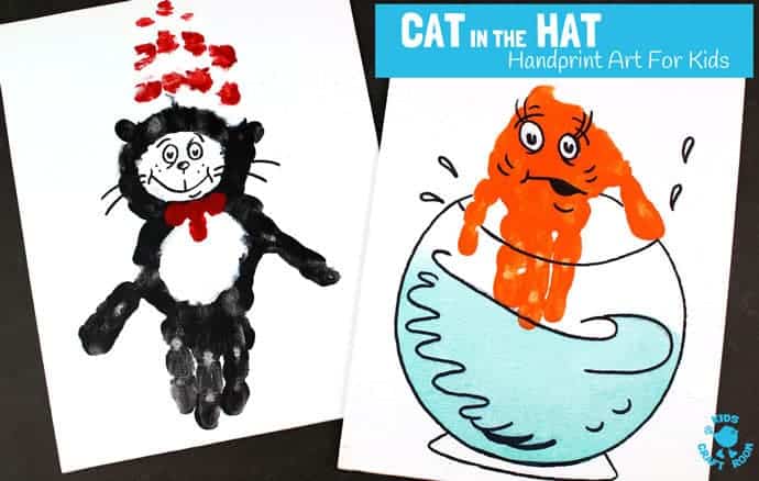 CAT IN THE HAT HANDPRINT CRAFTS - Are you a Cat In The Hat fan? These Dr Seuss handprint crafts are super fun! Print them on a canvas for the wall or add a popsicle stick to turn them into puppets! Great for World Book Day and Dr Seuss' birthday celebrations. #WorldBookDay #DrSeuss #CatInTheHat #KidsCrafts #handprintcrafts #handprintart #bookcrafts #kidsliterature #KidsArt #craftsforkids #thecatinthehat #kidsbooks #bookart #bookcrafts #kidscraftroom #handprint #painting 