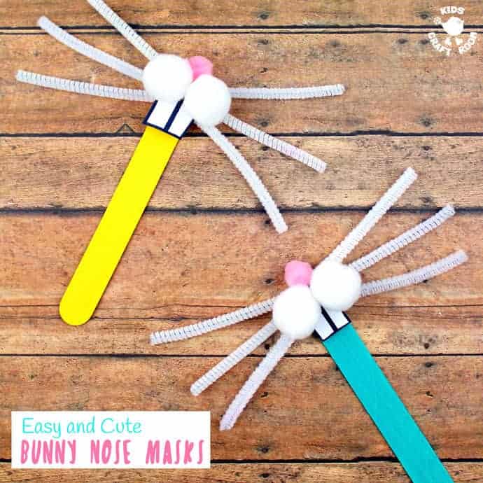 Totally cute and easy Bunny Nose Masks - so fun for Easter imaginative play. You and the kids can make these rabbit masks in minutes and they're super fun for popping into Easter baskets and sharing with friends. #Easter #EasterCrafts #Rabbit #bunny #EasterBunny #rabbitmasks #eastermasks #bunnymasks #masks #popsiclestickcrafts #springcrafts #kidscrafts #craftsforkids #kidscraftroom