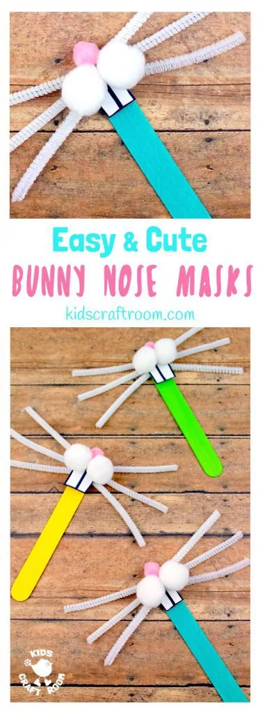 Totally cute and easy Bunny Nose Masks - so fun for Easter imaginative play. You and the kids can make these rabbit masks in minutes and they're super fun for popping into Easter baskets and sharing with friends. #Easter #EasterCrafts #Rabbit #bunny #EasterBunny #rabbitmasks #eastermasks #bunnymasks #masks #popsiclestickcrafts #springcrafts #kidscrafts #craftsforkids #kidscraftroom