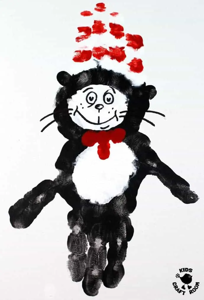CAT IN THE HAT HANDPRINT CRAFTS - Are you a Cat In The Hat fan? These Dr Seuss handprint crafts are super fun! Print them on a canvas for the wall or add a popsicle stick to turn them into puppets! Great for World Book Day and Dr Seuss' birthday celebrations. #WorldBookDay #DrSeuss #CatInTheHat #KidsCrafts #handprintcrafts #handprintart #bookcrafts #kidsliterature #KidsArt #craftsforkids #thecatinthehat #kidsbooks #bookart #bookcrafts #kidscraftroom #handprint #painting