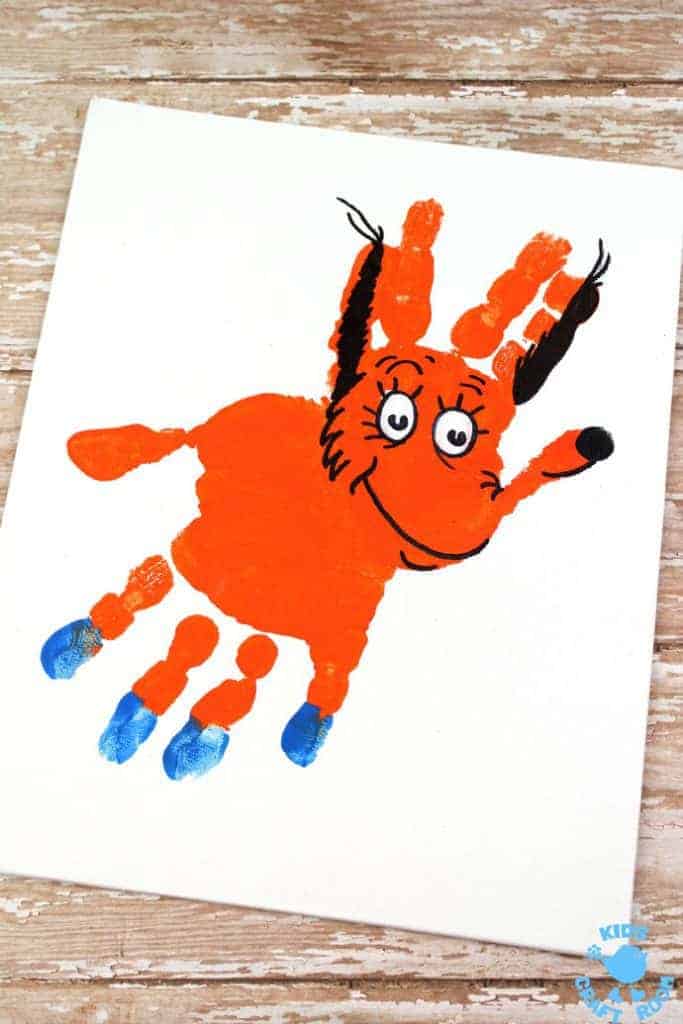 FOX IN SOCKS HANDPRINT CRAFT - Decorate your bedroom, classroom or reading nook with this super fun handprint art. Make the terrific tongue twister master, Fox In Socks and the tongue tied Knox! Both are easy to make and adorable. A great way to celebrate World Book Day and Dr Seuss' birthday. #handprintcrafts #drseuss #worldbookday #bookweek #FoxInSocks #Knox #bookcrafts #kidscrafts #craftsforkids #kidsliterature #kidscraft #kidsbooks #handprint #paintingideas #preschool