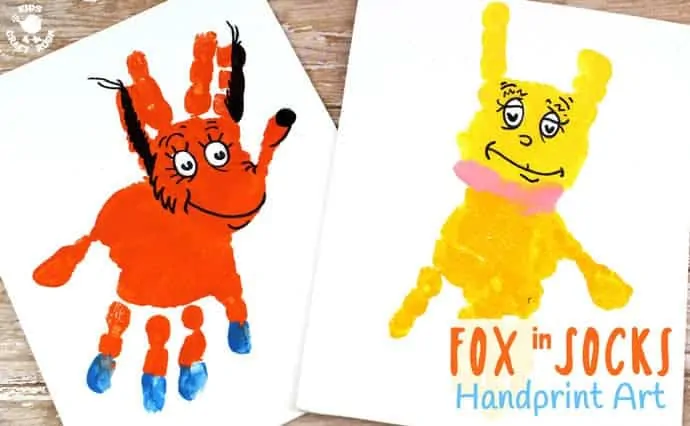 FOX IN SOCKS HANDPRINT CRAFT - Decorate your bedroom, classroom or reading nook with this super fun handprint art. Make the terrific tongue twister master, Fox In Socks and the tongue tied Knox! Both are easy to make and adorable. A great way to celebrate World Book Day and Dr Seuss' birthday. #handprintcrafts #drseuss #worldbookday #bookweek #FoxInSocks #Knox #bookcrafts #kidscrafts #craftsforkids #kidsliterature #kidscraft #kidsbooks #handprint #paintingideas #preschool 