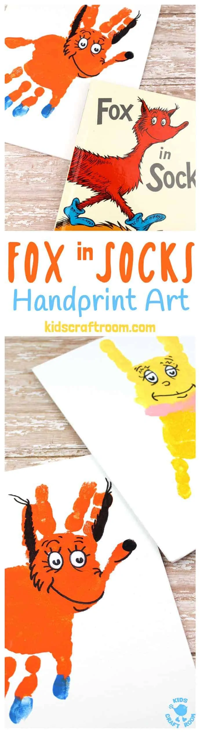 FOX IN SOCKS HANDPRINT CRAFT - Decorate your bedroom, classroom or reading nook with this super fun handprint art. Make the terrific tongue twister master, Fox In Socks and the tongue tied Knox! Both are easy to make and adorable. A great way to celebrate World Book Day and Dr Seuss' birthday. #handprintcrafts #drseuss #worldbookday #bookweek #FoxInSocks #Knox #bookcrafts #kidscrafts #craftsforkids #kidsliterature #kidscraft #kidsbooks #handprint #paintingideas #preschool 