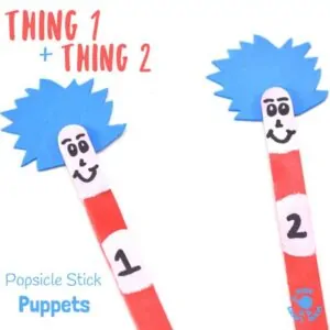 THING 1 and THING 2 POPSICLE STICK PUPPETS are super simple to make and great fun for all Dr Seuss "The Cat In The Hat" fans, big and small! Use them to bring the story to life as you read with your kids or to inspire their imaginative play. These popsicle stick puppets are super fun! #DrSeuss #CatintheHat #kidscrafts #Thing1andThing2 #puppets #popsiclesticks #popsiclestickpuppets #craftsticks #craftstickpuppets #bookcrafts #thecatinthehat #worldbookday #reading #craftsforkids #kidscraftroom