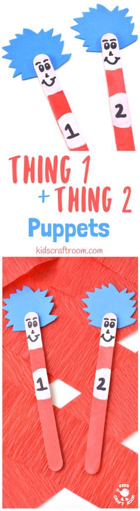 THING 1 and THING 2 POPSICLE STICK PUPPETS are super simple to make and great fun for all Dr Seuss "The Cat In The Hat" fans, big and small! Use them to bring the story to life as you read with your kids or to inspire their imaginative play. These popsicle stick puppets are super fun! #DrSeuss #CatintheHat #kidscrafts #Thing1andThing2 #puppets #popsiclesticks #popsiclestickpuppets #craftsticks #craftstickpuppets #bookcrafts #thecatinthehat #worldbookday #reading #craftsforkids #kidscraftroom