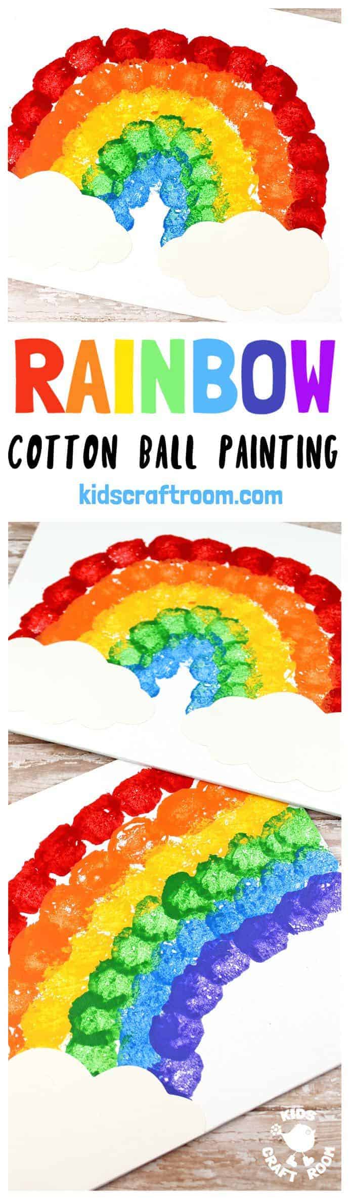 RAINBOW COTTON BALL PAINTING is lots of fun, looks amazing and develops kids motor skills and hand-eye co-ordination. Painting with cotton balls is exciting for kids and a great way to broaden their painting experiences away from just traditional brushes. #rainbow #kidsart #kidspaintingideas #stpatricksday #stpaddys #rainbowcrafts #kidspainting #springcrafts #springcraftsforkids #kidsactivities #kidscrafts #kidscraftroom #rainbows #cottonballpainting #painting #kids