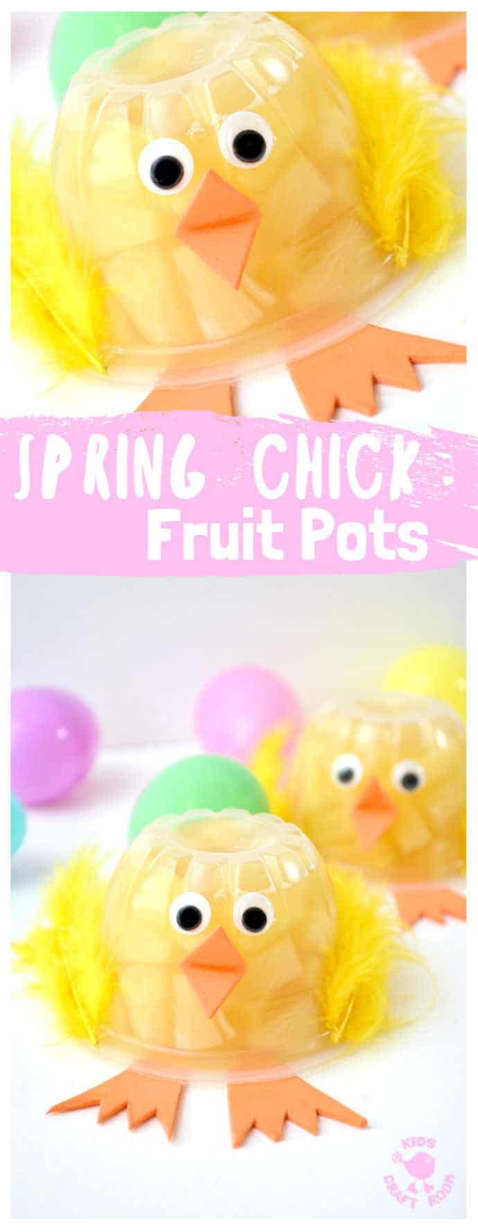 Spring Chick Fruit Cups - a healthy treat your kids will love! They're easy to make and such a fun way to celebrate Spring and Easter. Chick fruit pots work really well as a non-candy Easter basket idea and you can pop them into lunchboxes too. A great way to encourage kids to get one of their daily portions of fruit. #easter #eastercrafts #eastertreats #kidscrafts #craftsforkids #healthyfood #easterparty #chicks #chickcrafts #easterchicks #fruitcups #fruits #springcrafts 