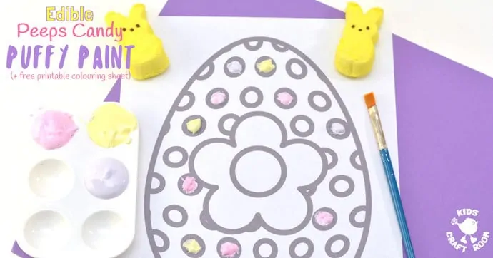 Here's a wonderfully easy Peeps Edible Puffy Paint Recipe you can make in just minutes. This homemade paint is fluffy and soft and comes in gorgeous pastel colours perfect for Spring and Summer art. Kids will have a finger licking good time getting creative with this fun and delicious sensory painting idea! #paintrecipe #painting #homemadepaint #ediblepaint #fingerpaintrecipe #puffypaint #puffypaintrecipe #easter #printables #kidsart #kidscraftroom #kidscrafts