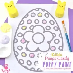 Here's a wonderfully easy Peeps Edible Puffy Paint Recipe you can make in just minutes. This homemade paint is fluffy and soft and comes in gorgeous pastel colours perfect for Spring and Summer art. Kids will have a finger licking good time getting creative with this fun and delicious sensory painting idea! #paintrecipe #painting #homemadepaint #ediblepaint #fingerpaintrecipe #puffypaint #puffypaintrecipe #easter #printables #kidsart #kidscraftroom #kidscrafts