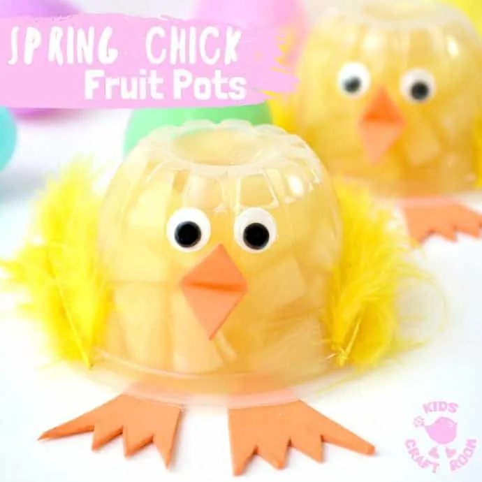 Spring Chick Fruit Cups - a healthy treat your kids will love! They're easy to make and such a fun way to celebrate Spring and Easter. Chick fruit pots work really well as a non-candy Easter basket idea and you can pop them into lunchboxes too. A great way to encourage kids to get one of their daily portions of fruit. #easter #eastercrafts #eastertreats #kidscrafts #craftsforkids #healthyfood #easterparty #chicks #chickcrafts #easterchicks #fruitcups #fruits #springcrafts