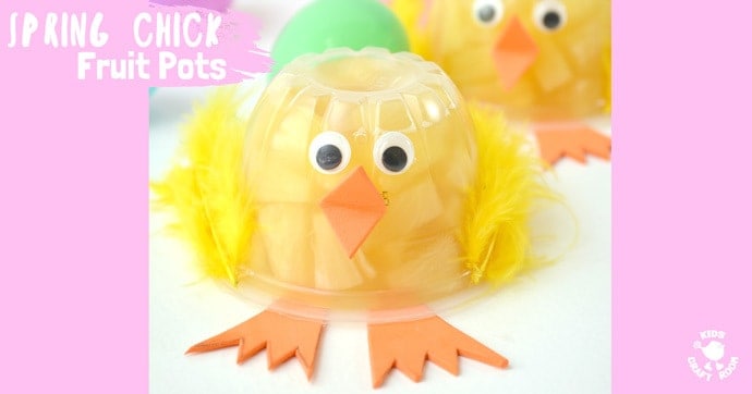 Spring Chick Fruit Cups - a healthy treat your kids will love! They're easy to make and such a fun way to celebrate Spring and Easter. Chick fruit pots work really well as a non-candy Easter basket idea and you can pop them into lunchboxes too. A great way to encourage kids to get one of their daily portions of fruit. #easter #eastercrafts #eastertreats #kidscrafts #craftsforkids #healthyfood #easterparty #chicks #chickcrafts #easterchicks #fruitcups #fruits #springcrafts 