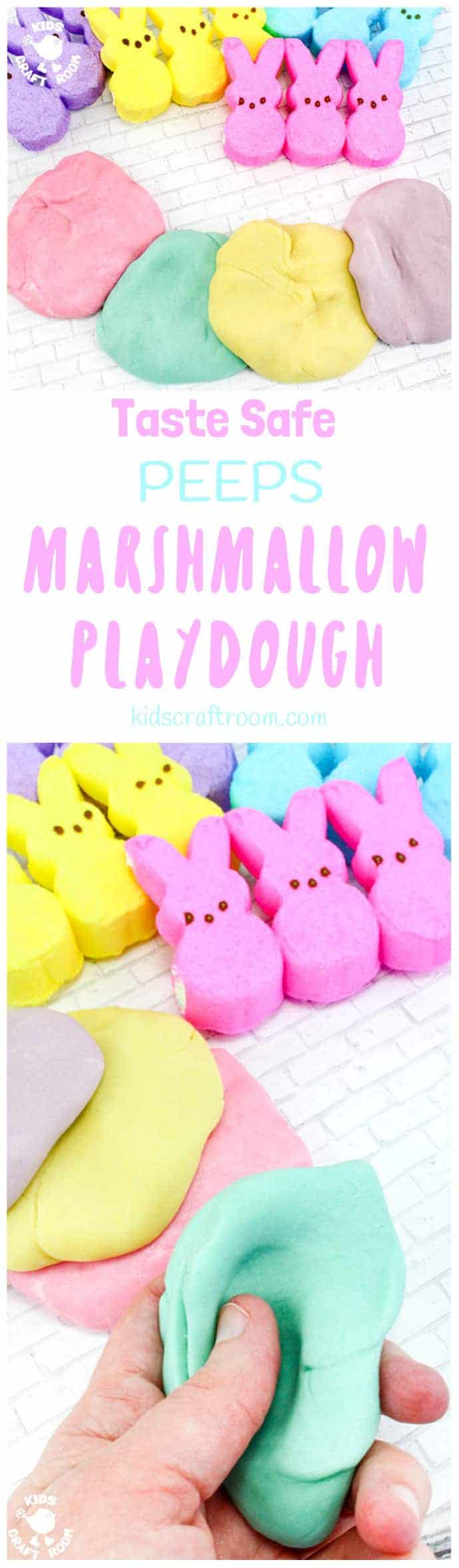 Kids will have hours of fun with this Taste Safe Peeps Marshmallow Play Dough. It's fluffy and soft, smells good and the colours are gorgeous pastels. A truly multi sensory play experience for kids of all ages. #sensoryplay #ECE #Easter #sensory #playdough #playdoughrecipe #edibleplaydough #playdoh #playdohrecipe #easteractivities #kidsactivities #peeps #kidscraftroom #sensory #preschool #earlyyears #playideas