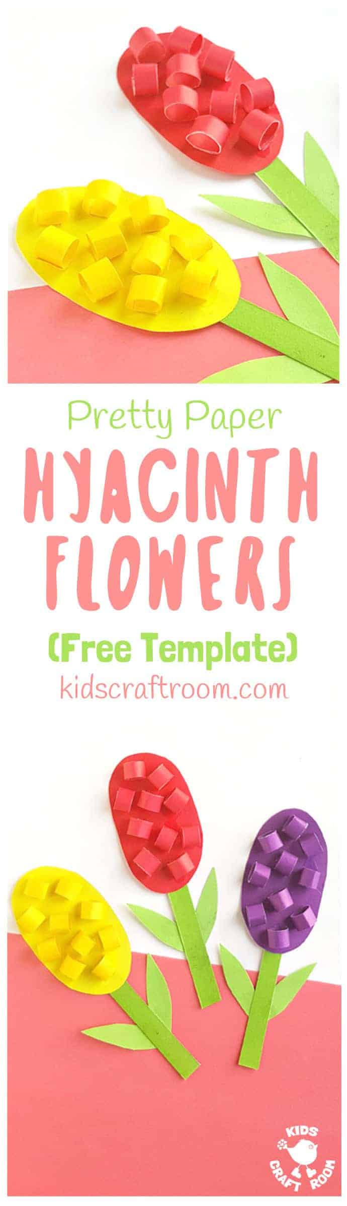 HYACINTH CRAFT - Celebrate Spring with this Pretty Paper Hyacinth Flower Craft. You can make them in all sorts of bright and cheerful colours everyone will love. Their gorgeous spikes of colour are always such a welcome sight after a long Winter. (Free printable template.) #papercrafts #flowercrafts #hyacinths #hyacinthcrafts #mothersdaycrafts #springcrafts #kidscrafts #kidsactivities #craftsforkids #kidscraftroom #flowers #mothersday 