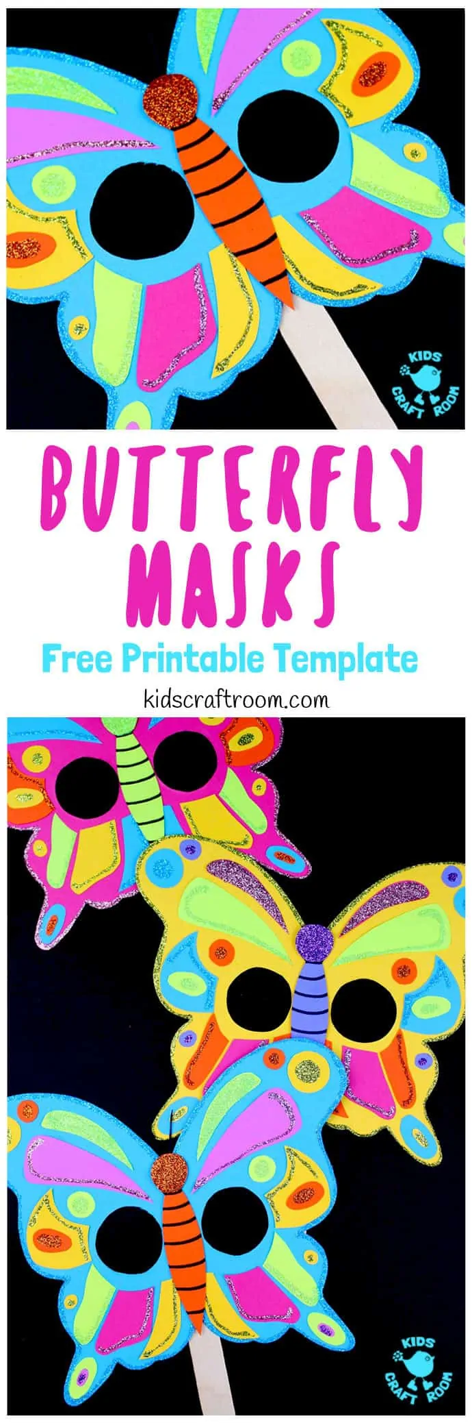 Are your kids fascinated by the butterfly lifecycle? These Colourful Butterfly Masks are a fantastic way to celebrate the wonder of butterflies and engage children in learning all about them. They're easy to make with our free printable template and a fun way to introduce children to symmetry and pattern making too. #butterflies #butterflycrafts #masks #kidscrafts #papercrafts #printables #craftsforkids #kidscraftroom #summercrafts #springcrafts #insectcrafts #kidsactivities #butterfly