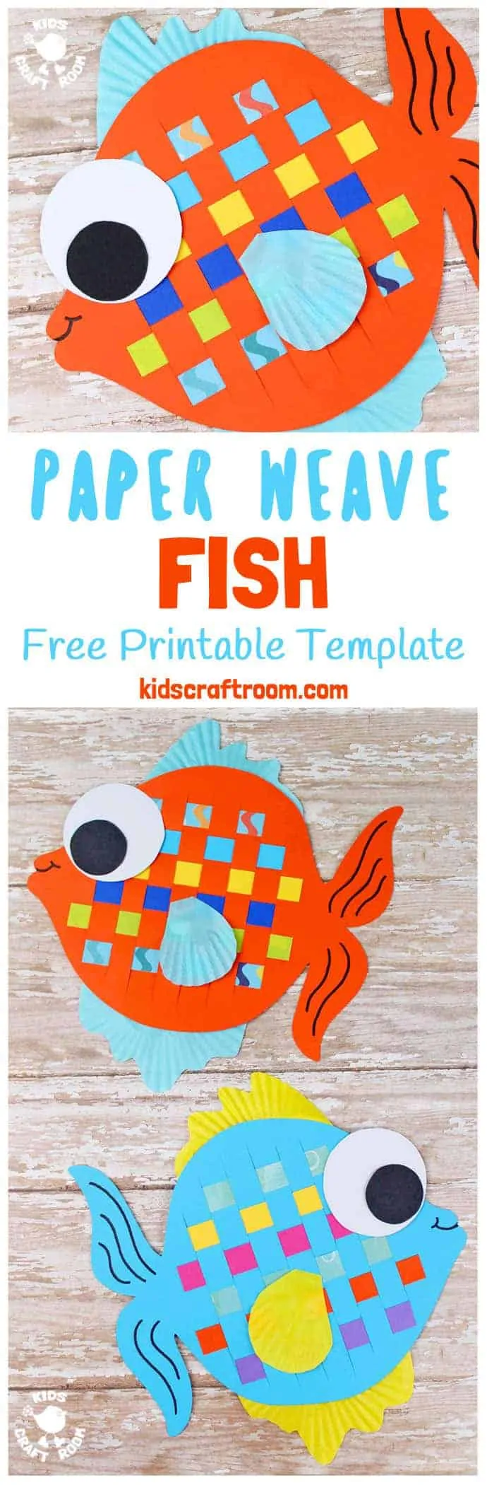 Here's a Paper Weaving Fish Craft that's perfect for Summer. These colourful fish are super fun to make and a great way to introduce kids to some simple weaving. To help keep things easy we've got a free printable template for you too. (It also doubles up as a fish colouring sheet, so you can enjoy twice the fun!) #fish #summercrafts #paperweaving #kidscrafts #kidsactivities #fishcrafts #craftsforkids #papercrafts #printables #freeprintables #weaving #kidscraftroom 