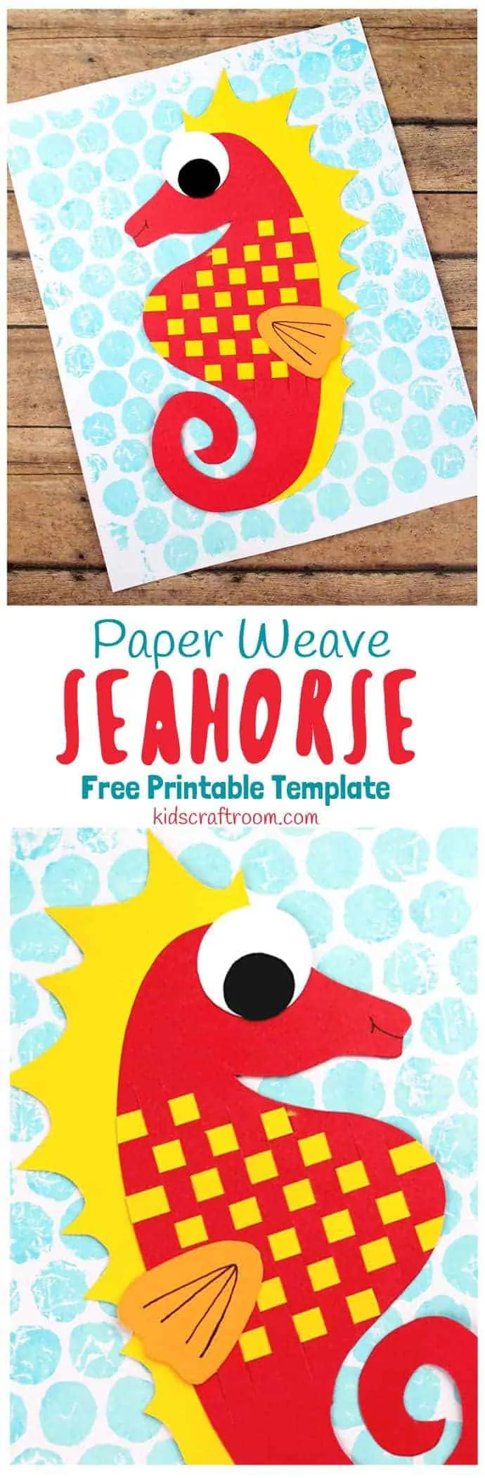 Try this gorgeous Paper Weaving Seahorse Craft. One of a three part Beach Paper Weaving Series which includes an adorable Paper Weave Fish and Paper Weave Crab too. Each craft comes with a free printable template so you can get straight to crafting with the kids. You're going to want to make them all! #seahorse #seahorsecrafts #oceancrafts #kidscrafts #papercrafts #paperweaving #printables #craftsforkids #beachcrafts #preschool #prek #ECE #kidsart #kidscraftroom
