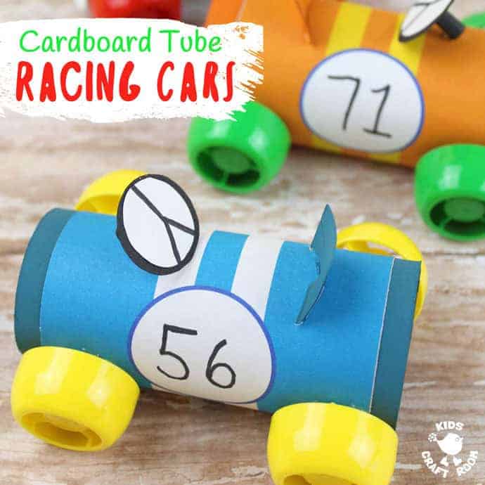Do you like to recycle trash into cute crafts? Then you'll love this Cardboard Tube Racing Car Craft! With our free printable wrap around covers it's easy to give your cars handsome sporty stripes! #cardboardtubes #cars #carcrafts #cardboardtubecrafts #printables #freeprintables #racingcars #TProllcrafts #TProlls #papertubes #car #kidscrafts #craftsforkids #kidsactivities #preschool #recycled #recycledcrafts