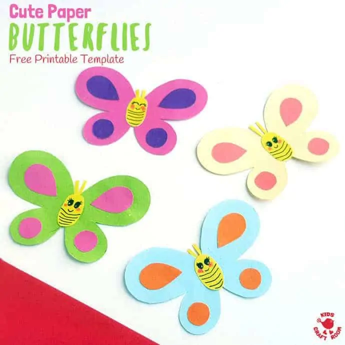 CUTE PAPER BUTTERFLY CRAFT - Simple crafts can be so effective and versatile and this Cute Paper Butterfly Craft is just that! Use our free printable template to make one, two or a whole swarm of adorably cute and pretty butterflies! Glue them to craft sticks for puppets, hang as a mobile or display on the wall. So versatile! 