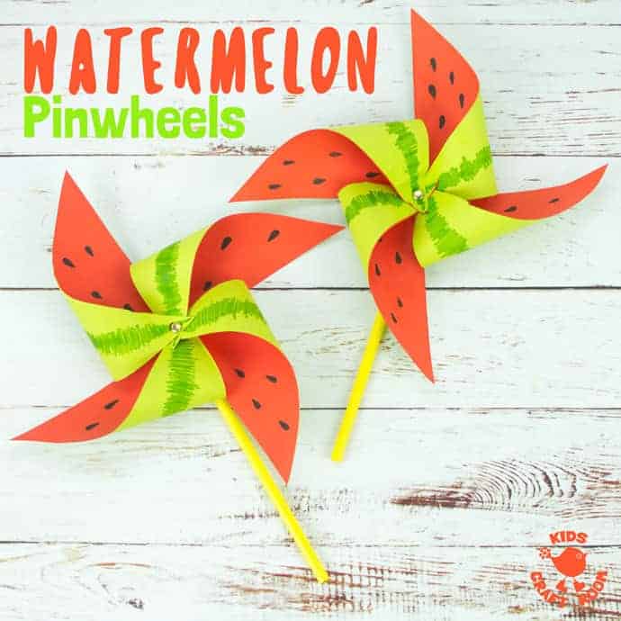 WATERMELON PINWHEELS - This colourful watermelon pinwheel craft is so quick and easy to make. They're great for kids to play with and make gorgeous Summer party decorations too. What a fun and fruity way to add a splash of colour! #pinwheels #windmills #watermelons #papercrafts #kidscrafts #craftsforkids #homemadetoys #summercrafts #kidsactivities #origami #kidscraftroom #watermelon #pinwheel