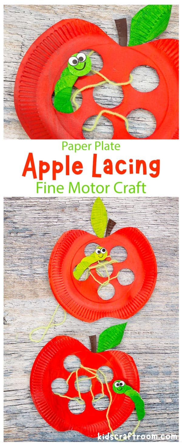 A collage of 3 apple threading crafts for kids.