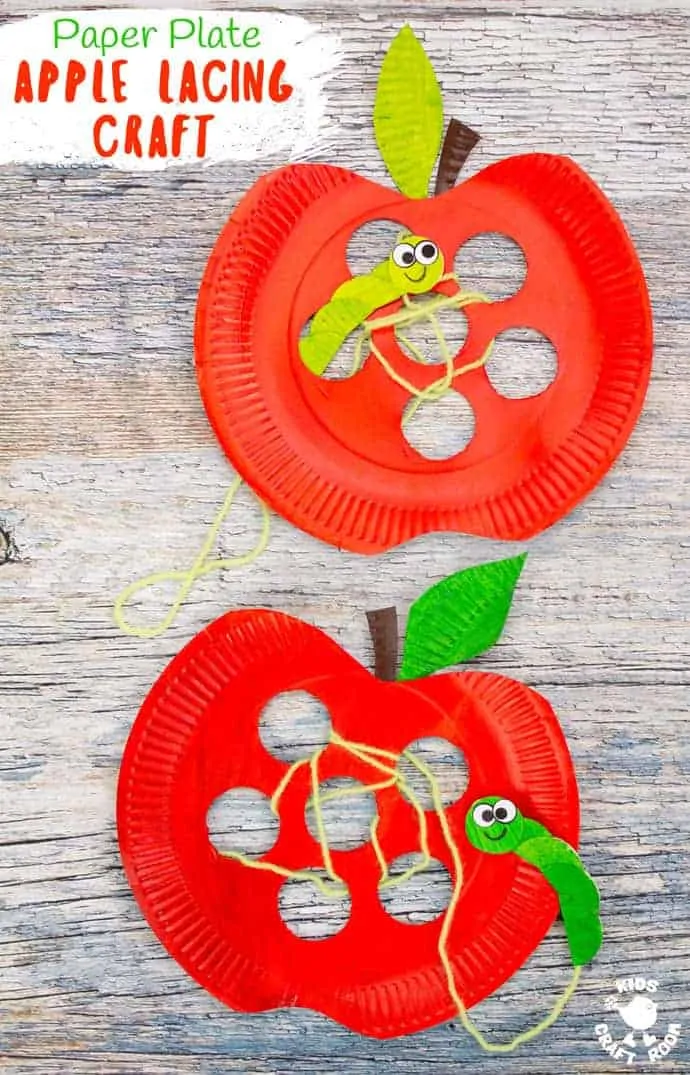 Two Paper Plate Apple Lacing Crafts on a wooden background.