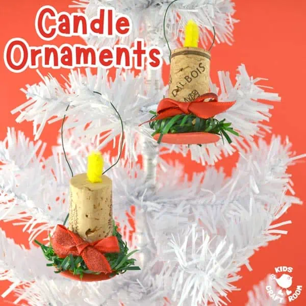 Cork Candle Christmas Ornaments hanging on a white Christmas tree.