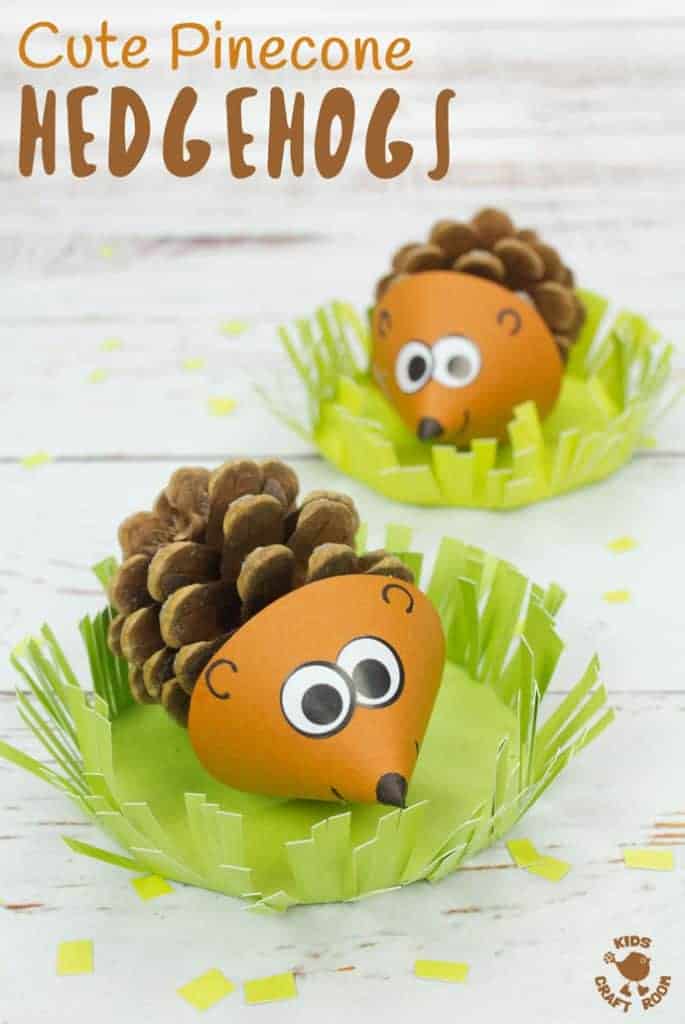 PINECONE HEDGEHOG CRAFT Do your kids like collecting pinecones? Turn them into adorable pinecone hedgehogs! These little hedgehogs sit in a grassy home where they can snuffle around for their dinner! We think these are the cutest pinecone animals ever! Such a lovely Fall craft for the kids. #pinecone #pinecones #hedgehog #hedgehogs #hedgehogcrafts #pineconecrafts #naturecrafts #Fallcrafts #Autumncrafts #Fall #Autumn #kidscrafts #kidscraft #craftsforkids