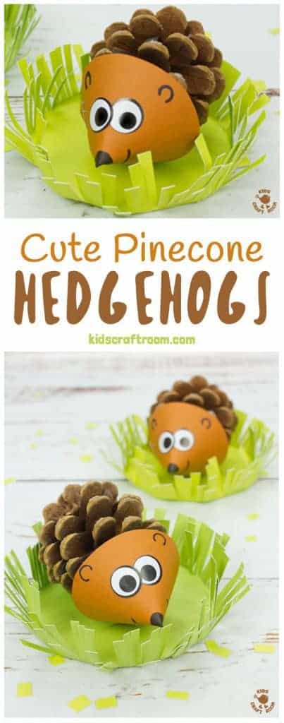 PINECONE HEDGEHOG CRAFT Do your kids like collecting pinecones? Turn them into adorable pinecone hedgehogs! These little hedgehogs sit in a grassy home where they can snuffle around for their dinner! We think these are the cutest pinecone animals ever! Such a lovely Fall craft for the kids. #pinecone #pinecones #hedgehog #hedgehogs #hedgehogcrafts #pineconecrafts #naturecrafts #Fallcrafts #Autumncrafts #Fall #Autumn #kidscrafts #kidscraft #craftsforkids