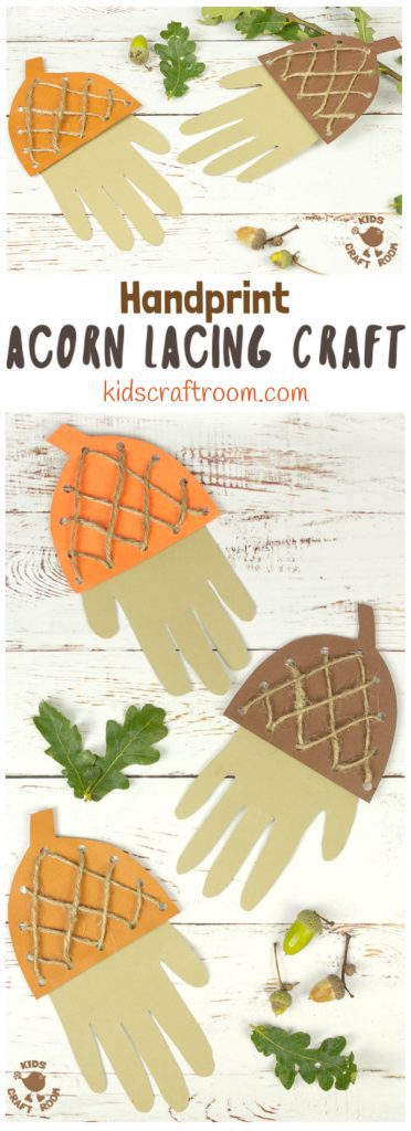 How adorable is this Handprint Acorn Lacing Craft? Acorn crafts are perfect for Autumn and this handprint acorn lets children lace and thread a textured acorn cap all the while building their fine motor skills in a fun way. A lovely lacing activity for preschoolers. #acorn #acorns #acorncrafts #kidscrafts #lacingcraft #lacing #threading #finemotorskills #Fallcrafts #Autumncrafts #handprint #handprintcrafts #Fall #Autumn #lacingactivity #kidsactivities #lacingactivity via @KidsCraftRoom