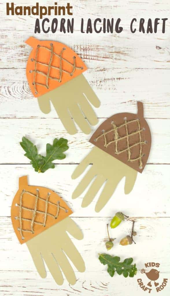 How adorable is this Handprint Acorn Lacing Craft? Acorn crafts are perfect for Autumn and this handprint acorn lets children lace and thread a textured acorn cap all the while building their fine motor skills in a fun way. A lovely lacing activity for preschoolers. #acorn #acorns #acorncrafts #kidscrafts #lacingcraft #lacing #threading #finemotorskills #Fallcrafts #Autumncrafts #handprint #handprintcrafts #Fall #Autumn #lacingactivity #kidsactivities #lacingactivity