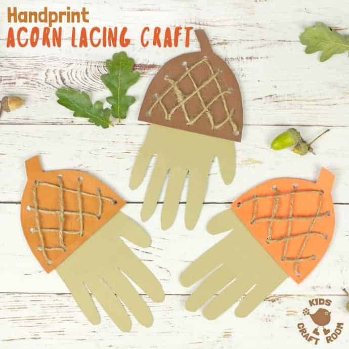How adorable is this Handprint Acorn Lacing Craft? Acorn crafts are perfect for Autumn and this handprint acorn lets children lace and thread a textured acorn cap all the while building their fine motor skills in a fun way. A lovely lacing activity for preschoolers. #acorn #acorns #acorncrafts #kidscrafts #lacingcraft #lacing #threading #finemotorskills #Fallcrafts #Autumncrafts #handprint #handprintcrafts #Fall #Autumn #lacingactivity #kidsactivities #lacingactivity 