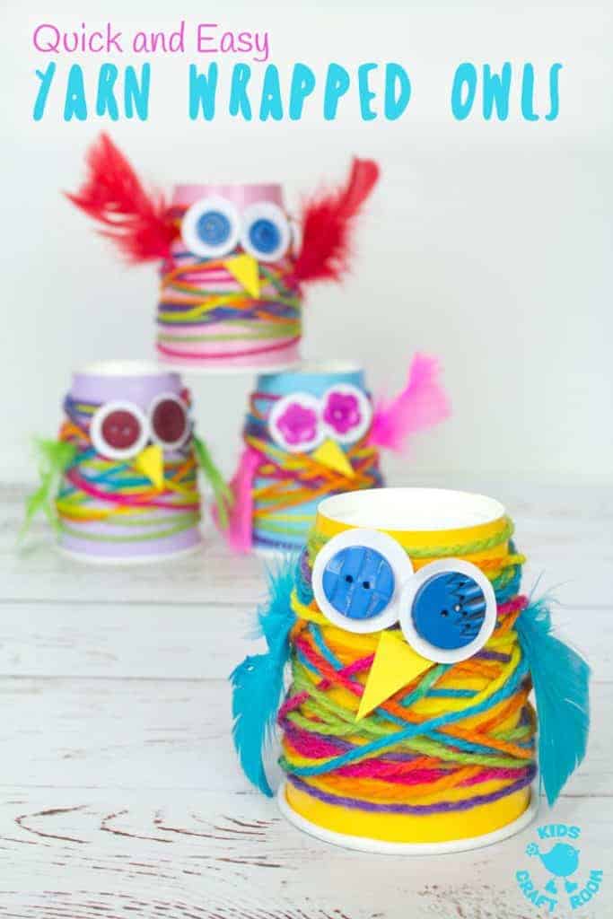 PAPER CUP YARN WRAPPED OWL CRAFT - Want an easy preschool owl craft? These Paper Cup Owls are a hoot! Cute, colourful, fun and great for fine motor skills. Owl crafts are such a fun fall craft idea for kids. #owls, #owl #owlcrafts #owlcraft #kidscraft #kidscrafts #fall #fallcrafts #fallcraft #autumn #autumncrafts #autumncraft #papercups #papercupcrafts #yarn #yarnwrapped #yarncrafts #kidscraftroom