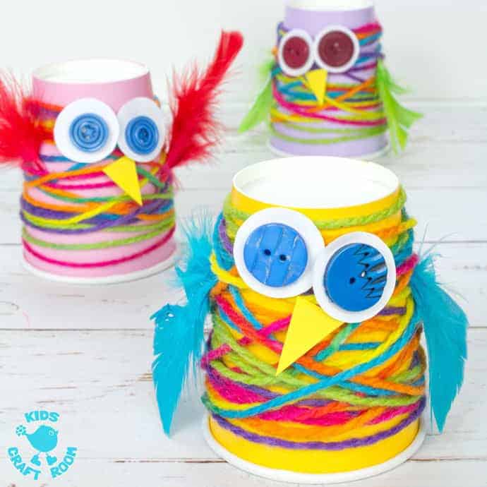 PAPER CUP YARN WRAPPED OWLS - Want an easy preschool owl craft? These Paper Cup Owls are a hoot! Cute, colourful, fun and great for fine motor skills. Owl crafts are such a fun fall craft idea for kids. #owls, #owl #owlcrafts #owlcraft #kidscraft #kidscrafts #fall #fallcrafts #fallcraft #autumn #autumncrafts #autumncraft #papercups #papercupcrafts #yarn #yarnwrapped #yarncrafts #kidscraftroom