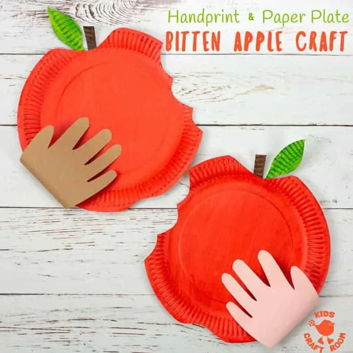 HANDPRINT AND PAPER PLATE BITTEN APPLE CRAFT - This easy apple craft for kids is so fun to make this apple season. Who could resist taking a bite out of a big red juicy apple like that? A fun Fall craft to celebrate harvest time. #apple #apples #applecrafts #paperplatecrafts #handprintcrafts #paperplates #handprints #kidscrafts #Fallcrafts #Autumncrafts #Harvest #harvestcrafts #craftsforkids #kidscraft #kidscraftroom