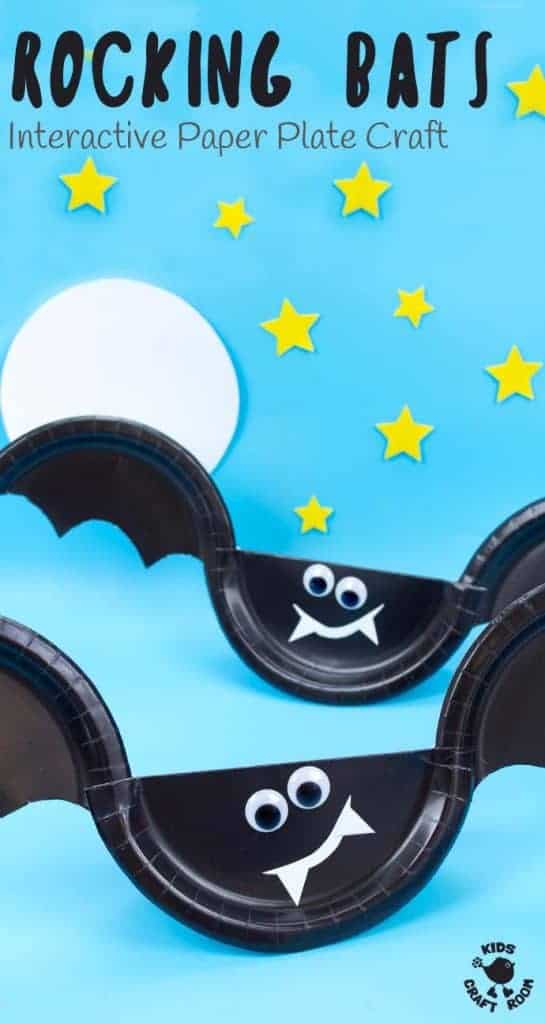 This Rocking Paper Plate Bat Craft is a great way for kids to get creative and play! Tap the bat's wings and see it rock and wobble from side to side as if it was flapping and flying through the night sky! Such a fun interactive Halloween craft. #halloween #halloweencrafts #halloweenactivities #halloweenkids #kidscrafts #bat #bats #batcrafts #paperplates #paperplatecrafts