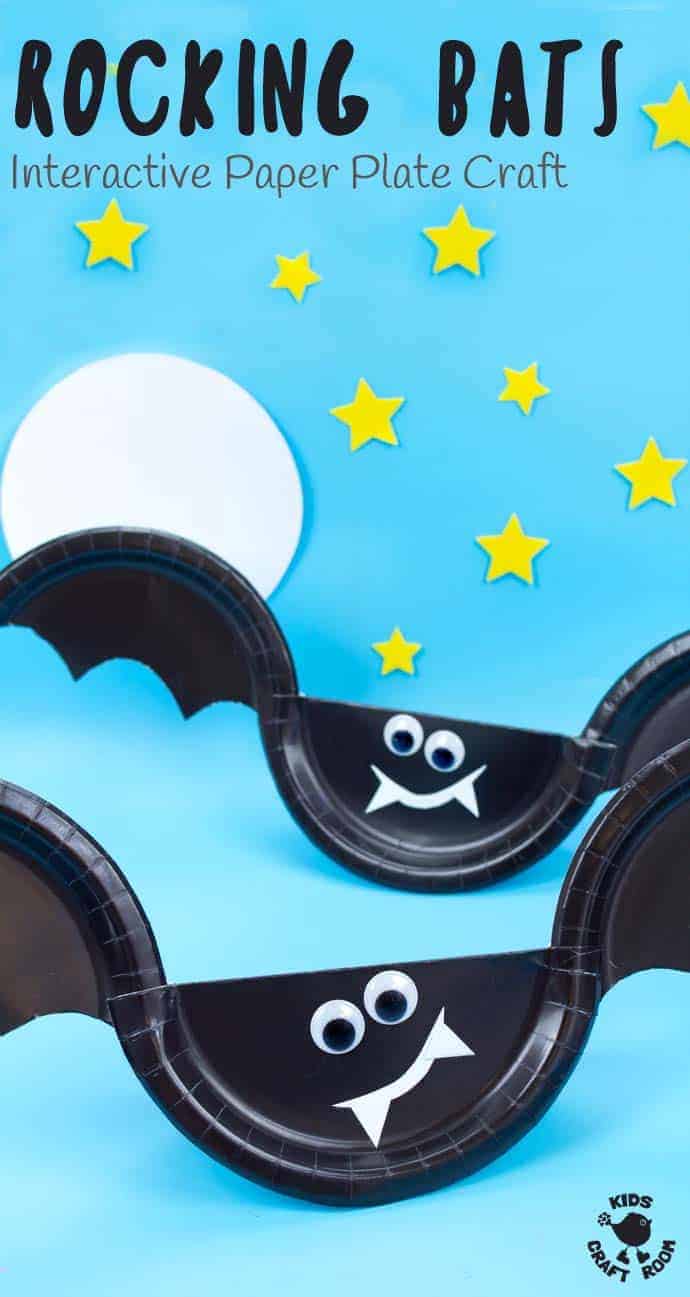 This Rocking Paper Plate Bat Craft is a great way for kids to get creative and play! Tap the bat's wings and see it rock and wobble from side to side as if it was flapping and flying through the night sky! Such a fun interactive Halloween craft. #halloween #halloweencrafts #halloweenactivities #halloweenkids #kidscrafts #bat #bats #batcrafts #paperplates #paperplatecrafts