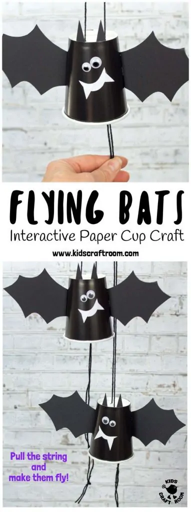 PAPER CUP FLYING BAT CRAFT - These paper cup flying bats are really quick and easy to make so it's a great craft to do with kids of all ages from toddlers to tweens. Built around a paper cup these little bats cleverly fly up and down when you pull the strings. Such a fun Halloween craft for kids. #bat #bats #batcrafts #halloween #halloweencrafts #papercups #papercupcrafts #kidscrafts #kidscraftroom #halloweendecorations