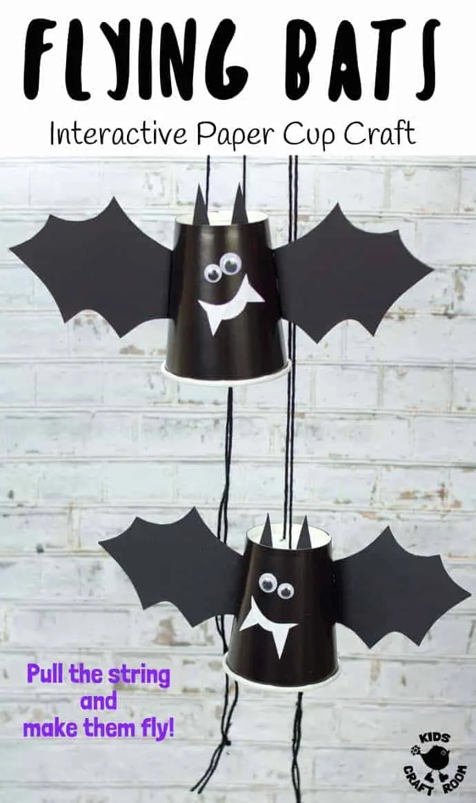 2 Flying Bat Craft For Kids hanging up on strings.