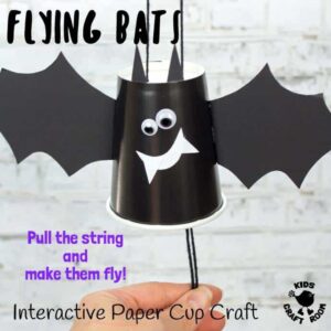 PAPER CUP FLYING BAT CRAFT - These paper cup flying bats are really quick and easy to make so it's a great craft to do with kids of all ages from toddlers to tweens. Built around a paper cup these little bats cleverly fly up and down when you pull the strings. Such a fun Halloween craft for kids. #bat #bats #batcrafts #halloween #halloweencrafts #papercups #papercupcrafts #kidscrafts #kidscraftroom #halloweendecorations