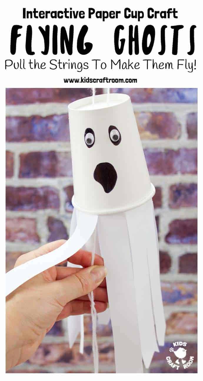 Do your kids love interactive Halloween crafts? We do! It's so fun to make something and then be able to play with it too. This easy Paper Cup Flying Ghost Craft is sure to be a hit! Pull the strings to see the paper cup ghosts fly up and down! So spooky and fun! #halloween #halloweencrafts #halloweendecorations #kidscrafts #crafts #ghosts #ghostcrafts #papercups #papercupcrafts #kidscraftroom