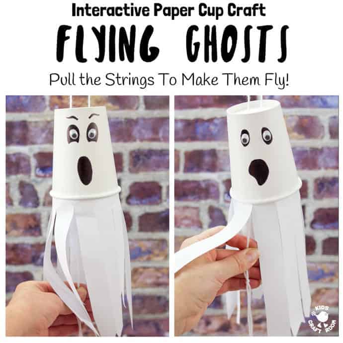 Do your kids love interactive Halloween crafts? We do! It's so fun to make something and then be able to play with it too. This easy Paper Cup Flying Ghost Craft is sure to be a hit! Pull the strings to see the paper cup ghosts fly up and down! So spooky and fun! #halloween #halloweencrafts #halloweendecorations #kidscrafts #crafts #ghosts #ghostcrafts #papercups #papercupcrafts #kidscraftroom