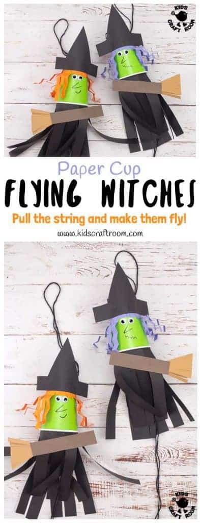 This Flying Paper Cup Witch Craft For Kids is so easy to make and loads of fun! Children will LOVE how interactive this paper cup craft is. Just pull the string and watch your witch fly up and down on her broomstick! Such a fun Halloween craft! #witch #halloween #witchcraft #witchcraftforkids #halloweencrafts #kidscrafts #kidscraft #papercupcrafts #papercups #witches #halloweencraft #halloweendecorations #kidscraftroom #preschool #kids